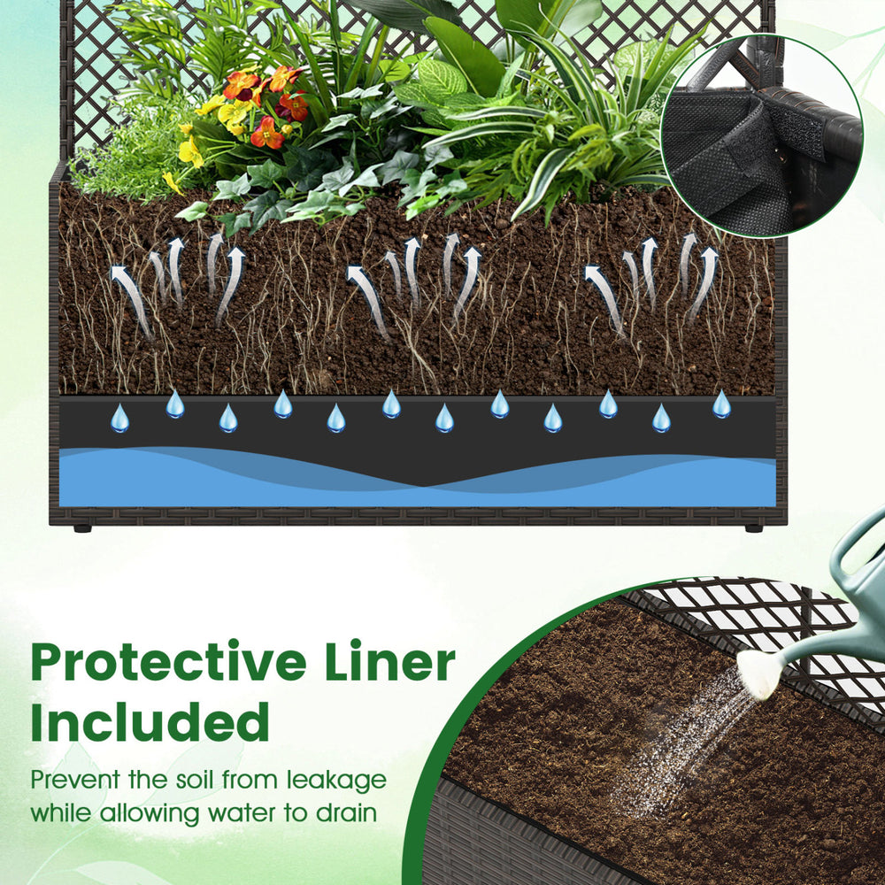 49-inch raised garden bed with trellis and wicker planter box, featuring a protective liner for soil drainage and.