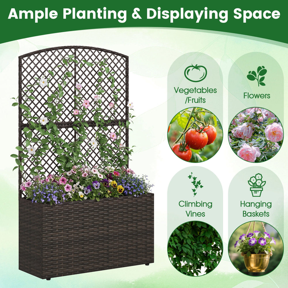 49-inch raised garden bed with trellis and wicker planter box in brown, ideal for flowers and climbing plants.