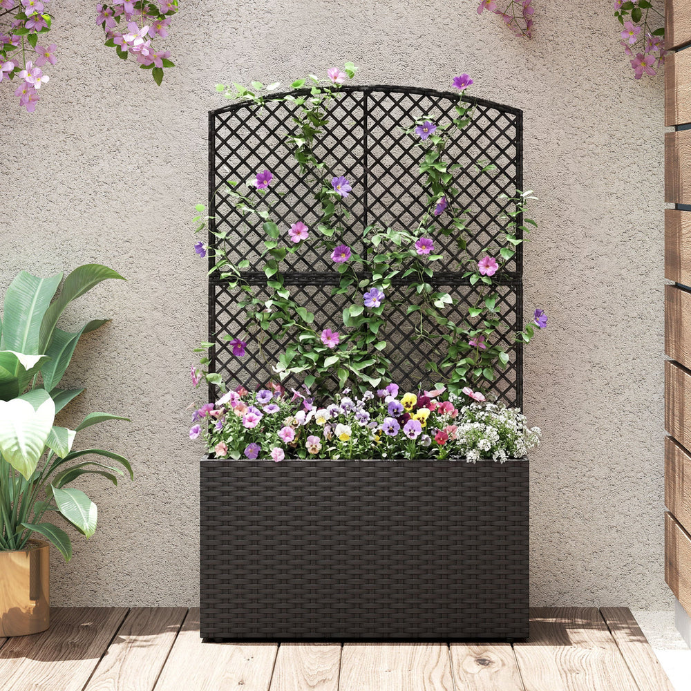 49 Inch Raised Garden Bed with Trellis and Wicker Planter Box-Black - Gallery View 1 of 10