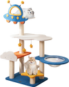 Cat tree featuring a UFO top perch, sisal scratching posts, and colorful platforms for playful climbing and napping.