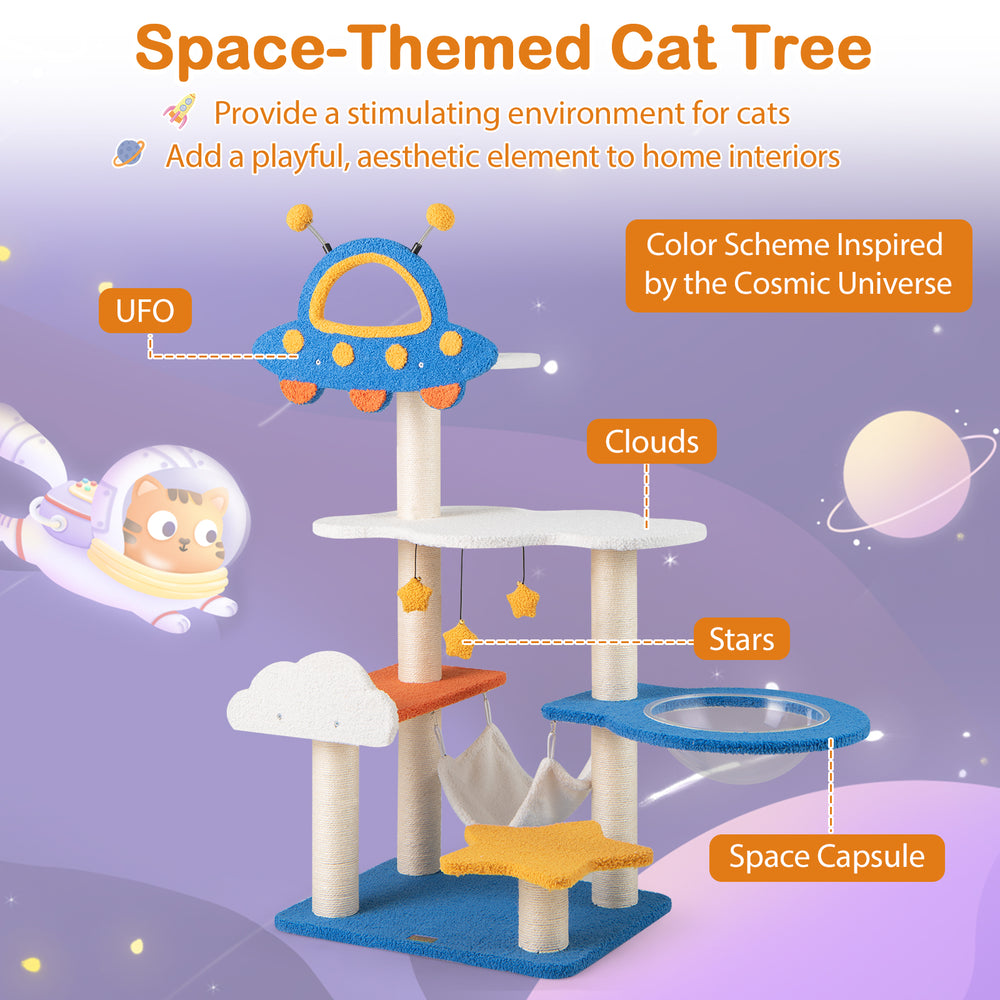 49-inch tall cat tree featuring a UFO top perch, space capsule, and sisal scratching posts for playful feline fun.