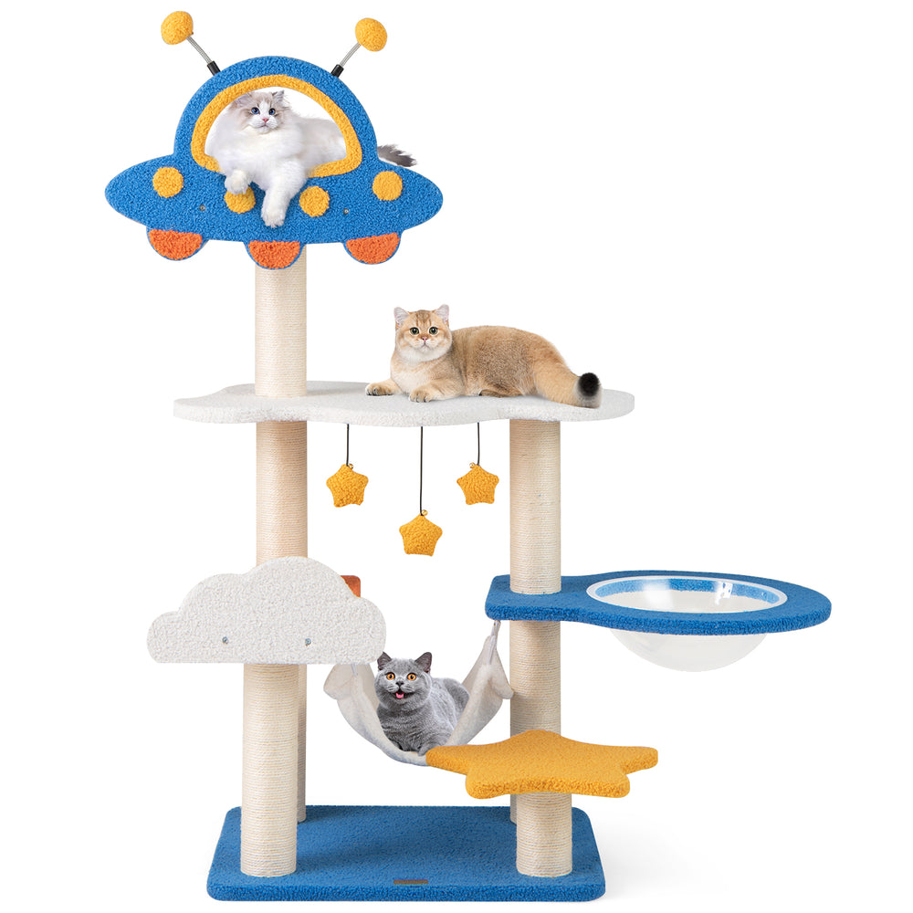 Cat tree with UFO top perch, sisal scratching posts, and hammock for cozy napping, perfect for playful cats.