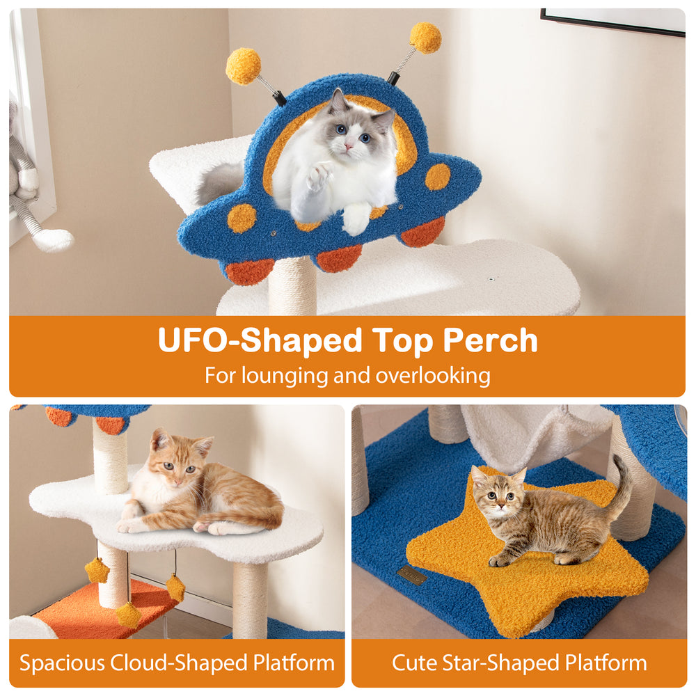 UFO-shaped top perch with a spacious platform and sisal scratching posts for playful cat lounging and climbing.
