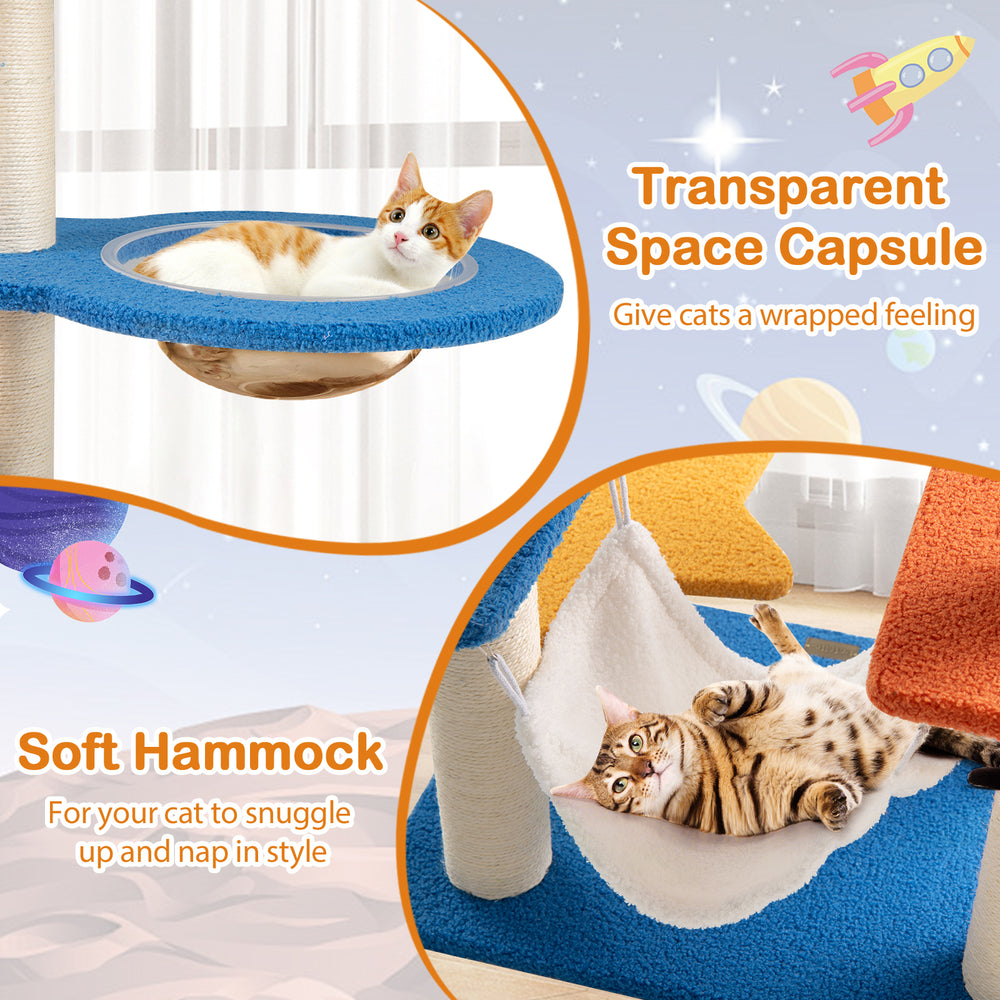 Cat tree featuring a UFO top perch, soft hammock, and sisal scratching posts for cozy napping and play.