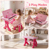 Kids can enjoy musical exploration with this pink 49 keys electric piano keyboard toy featuring a stool and microphone.