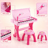Kids electric piano keyboard toy in pink with 49 keys, microphone, stool, and LED lights for interactive music play.