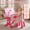 Kids' pink electric piano keyboard toy with 49 keys, microphone, stool, and LED lights for fun musical exploration.