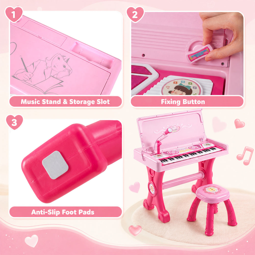Kids electric piano keyboard toy in pink features 49 keys, microphone, stool, and storage slot for versatile play.