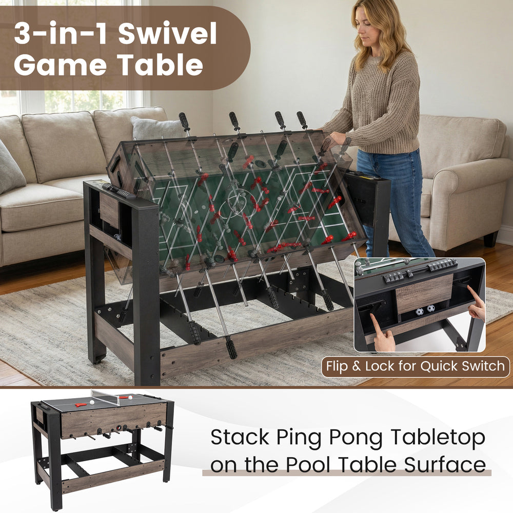 3-in-1 swivel game table featuring pool billiards, foosball, and tennis for home entertainment and family fun.