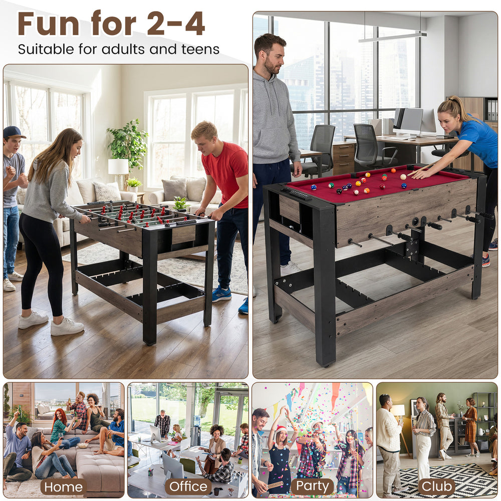 Combo game table featuring pool billiards, foosball, and tennis for 2-4 players, ideal for home or office fun.