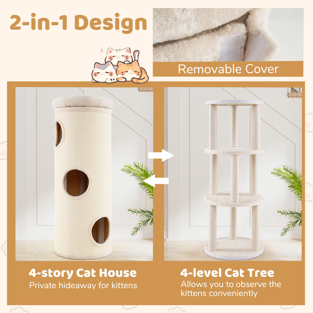 4-story beige cat house with removable cover, featuring a comfy top perch and sisal scratching board for multiple cats.
