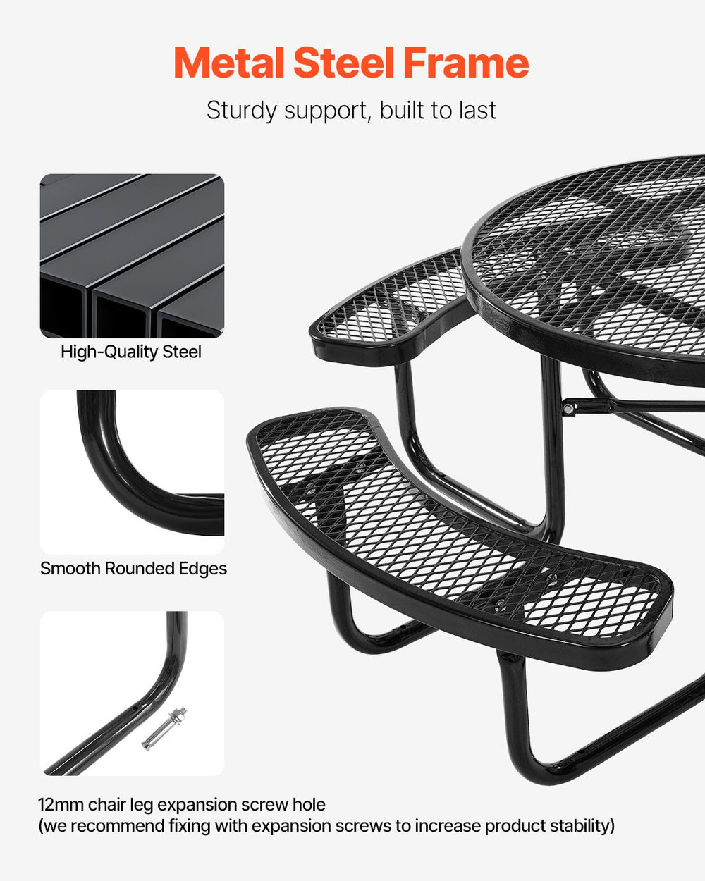 Vevor Picnic Table Outdoor Steel Frame with Umbrella Hole Seats 6-8 People Weather-Resistant New