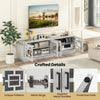 4-door TV stand with unique patterns, metal handles, and adjustable shelves for TVs up to 75 inches, perfect for media.