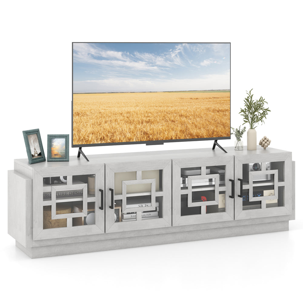 4-door TV stand in oak finish with glass cabinets, adjustable shelves, and elegant design for TVs up to 75 inches.