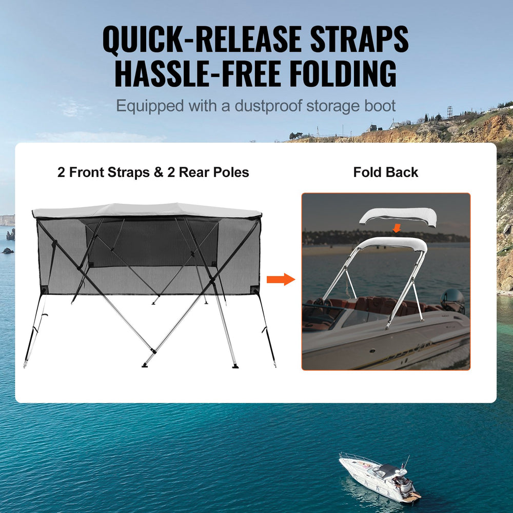 VEVOR 4 Bow Bimini Top Boat Cover Detachable Mesh Sidewalls 600D Polyester Canopy with 1