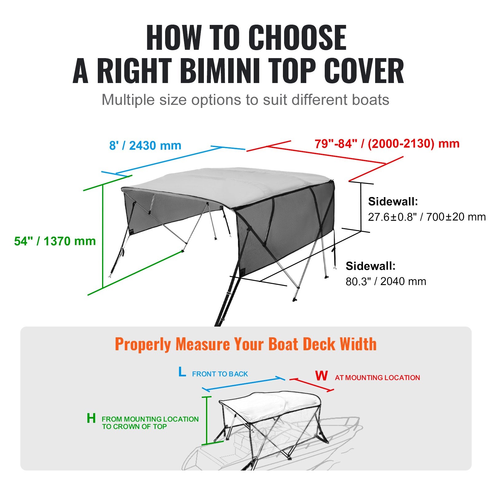 Vevor 4 Bow Bimini Top Boat Cover with Mesh Sidewalls 8'L x
