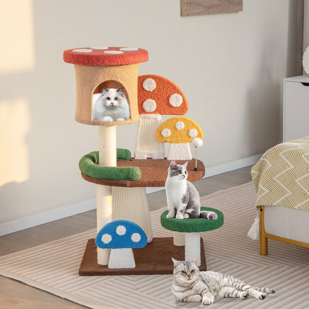 Multicolor 4-in-1 mushroom cat tree featuring cozy condo, spacious platforms, and sisal posts for scratching and play.