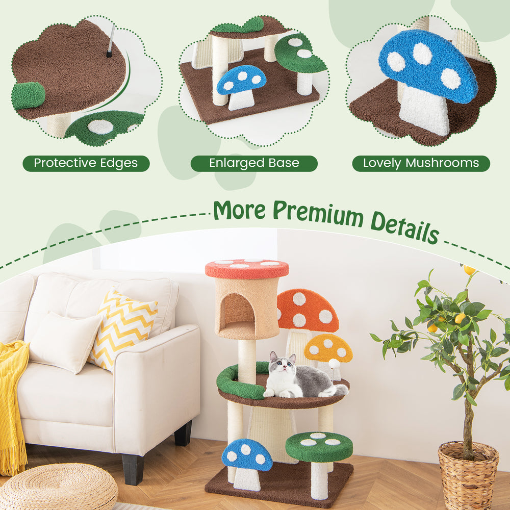 Multicolor 4-in-1 mushroom cat tree with condo, spring ball, and sisal posts for playful and cozy cat activities.