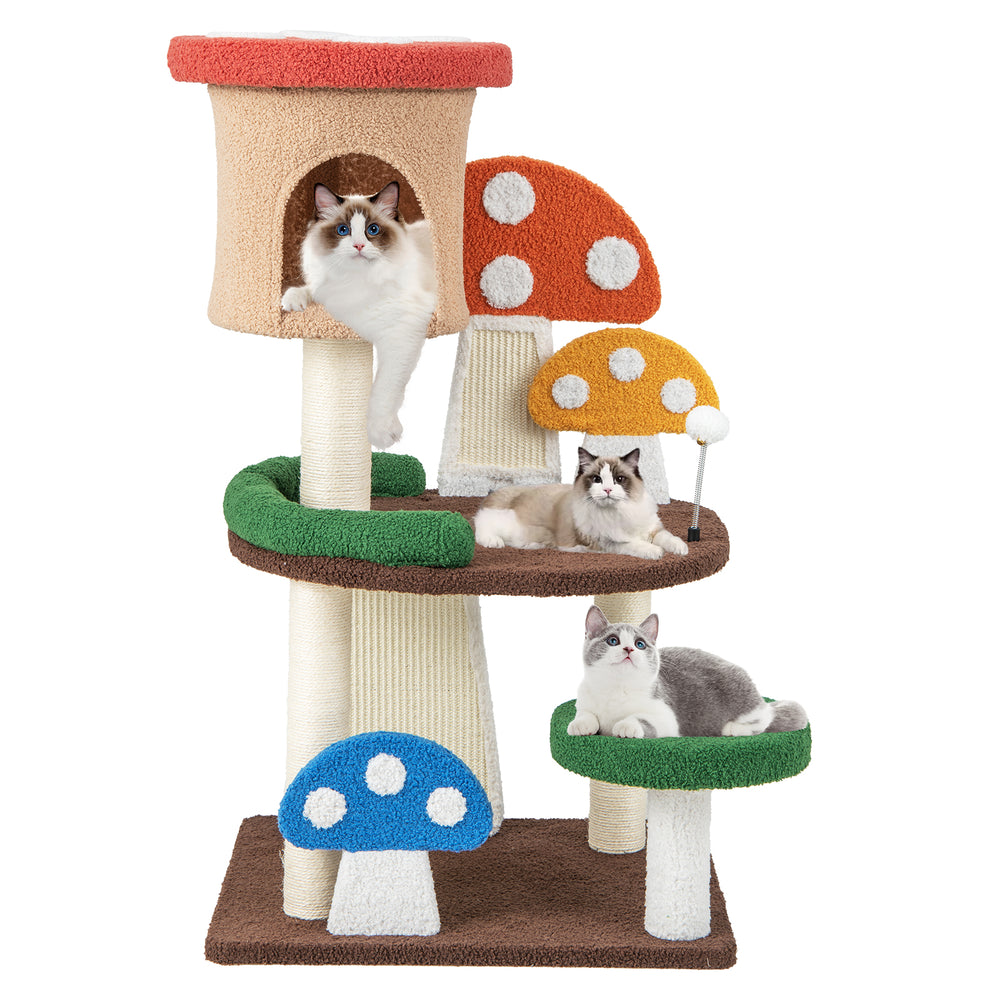 Multicolor 4-in-1 mushroom cat tree featuring a cozy condo, spacious platforms, and sisal scratching posts for playful.