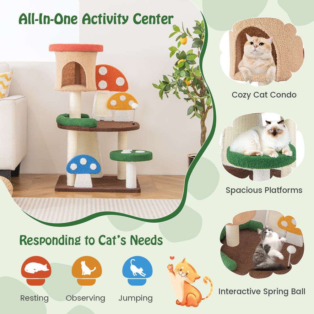 Multicolor 4-in-1 mushroom cat tree featuring a cozy condo, spacious platforms, and interactive spring ball for playful.