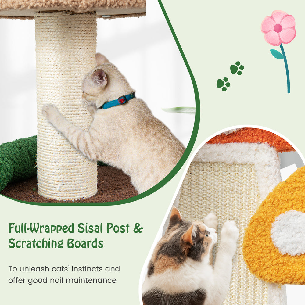 Sisal-wrapped scratching post on the 4-in-1 mushroom cat tree, designed for playful and cozy cat activities.