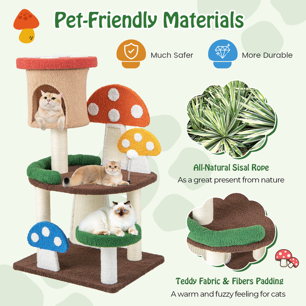 Multicolor 4-in-1 mushroom cat tree featuring a cozy condo, sisal posts, and teddy fabric padding for playful cats.