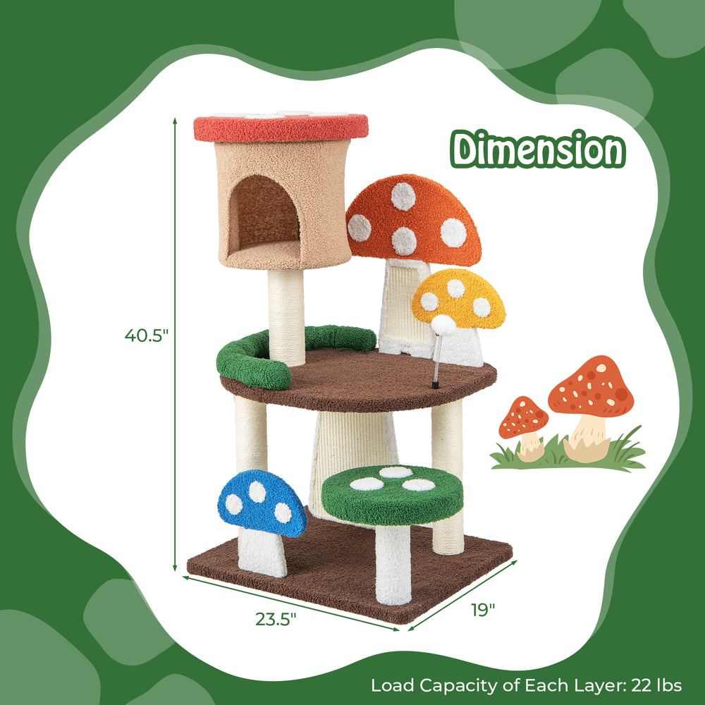 4-in-1 multicolor mushroom cat tree with condo, spacious platforms, and sisal posts for scratching and play.