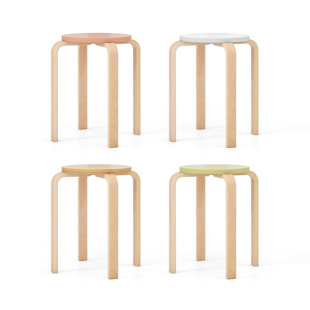 Set of 4 multicolor bentwood stackable stools with round tops, featuring sturdy wooden legs and non-slip foot pads.