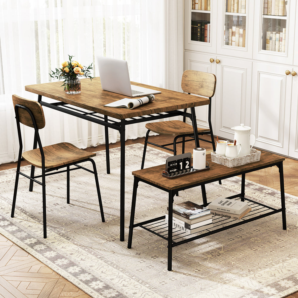 4-piece dining table set featuring a brown veneered MDF tabletop, metal frame, and two chairs with a bench for.