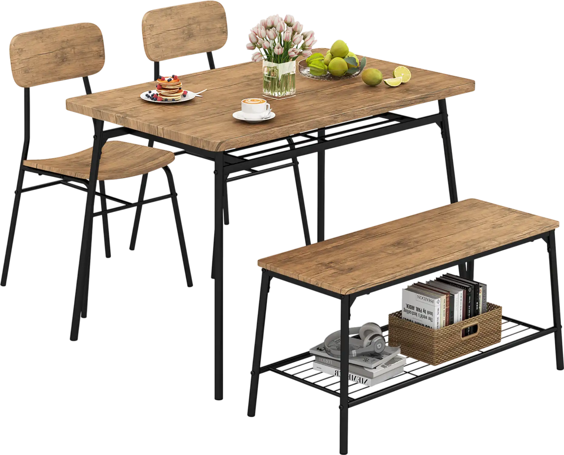 Costway 4-Piece Dining Table Set for 4 w/ Bench & 2 Chairs Metal Frame 395426817 New