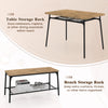 Dining table set featuring a brown veneered MDF top, metal frame, and storage racks for organized dining essentials.