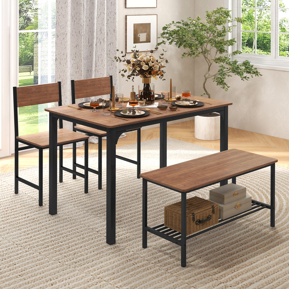 Rustic 4-piece dining table set with brown MDF tabletop, 2 chairs, and bench, perfect for gatherings in limited spaces.