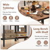 Rustic dining table set featuring a wide MDF tabletop, sturdy steel frame, and a long bench with shelf for storage.