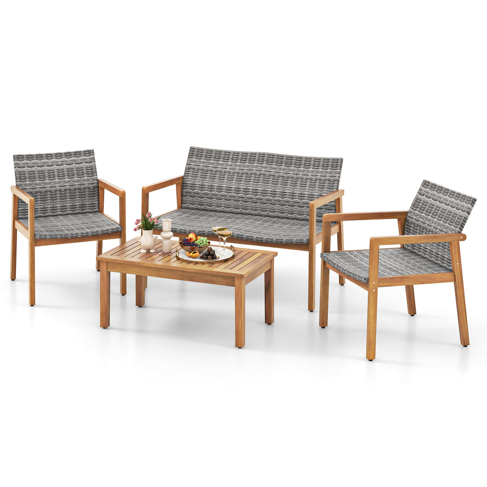 4-piece patio furniture set featuring solid acacia wood, hand-woven PE rattan, and a convenient coffee table for.