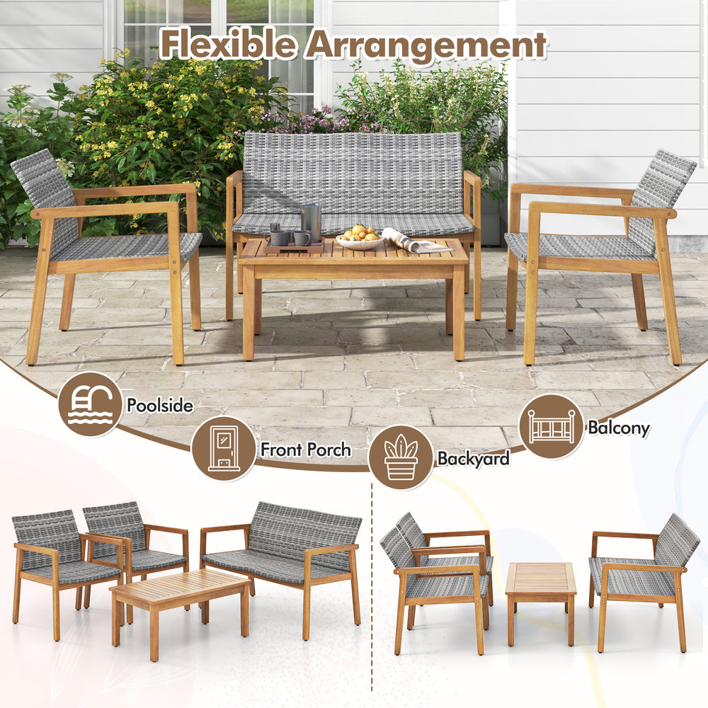 4-piece patio furniture set featuring a loveseat, single chairs, and coffee table in durable acacia wood and PE rattan.
