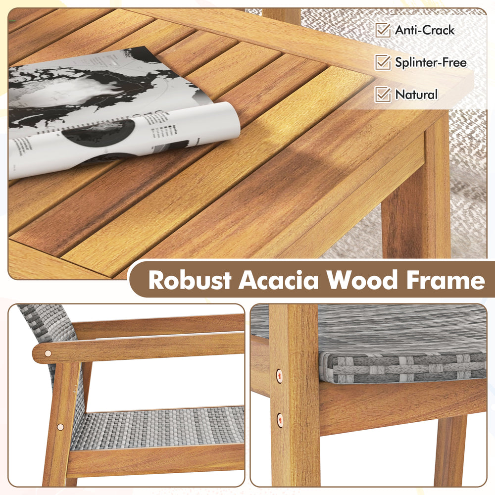 Close-up of the robust acacia wood frame with slatted tabletop, showcasing its natural finish for outdoor patio use.