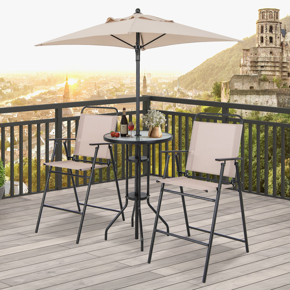 Outdoor bar set featuring a round table and two beige folding chairs with a sun-proof umbrella for patio enjoyment.