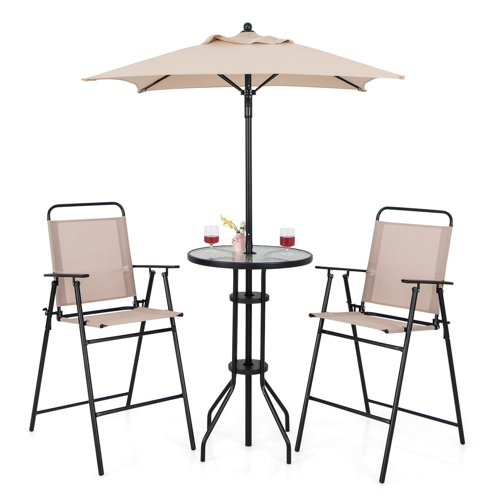 Outdoor bar set featuring two beige folding chairs and a round glass table with a removable umbrella for sun protection.