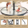 Round tempered glass tabletop of a high-top bar table with built-in umbrella hole, ideal for outdoor enjoyment.