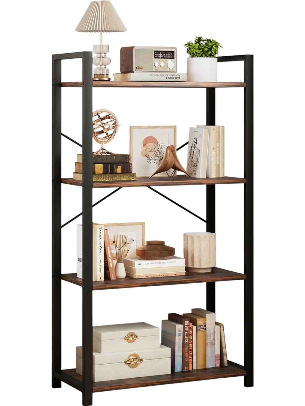 4-tier industrial bookshelf in rustic brown with metal frame, perfect for displaying books and decor in any room.