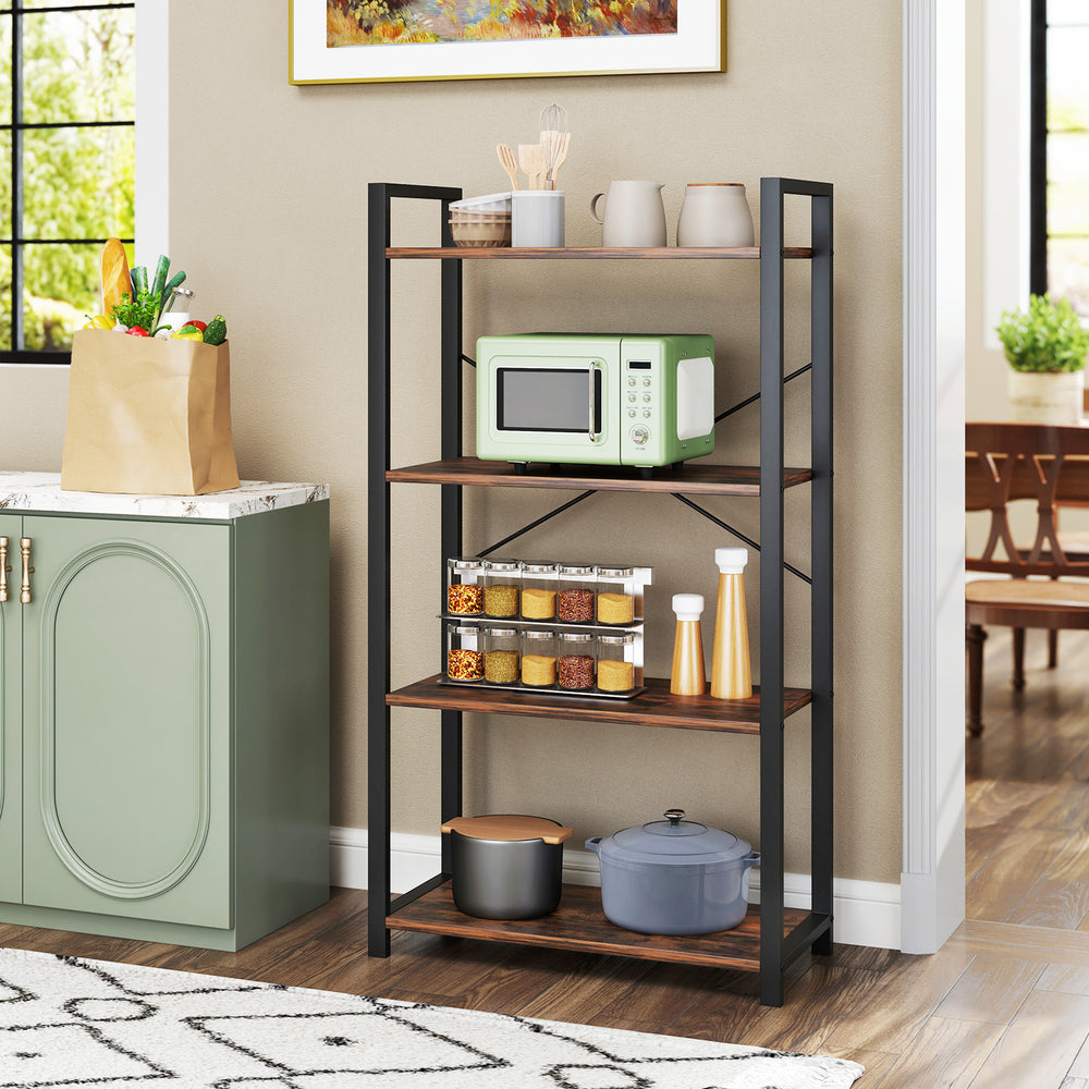 4-tier industrial bookshelf in rustic brown with metal frame, ideal for displaying books and kitchen items.