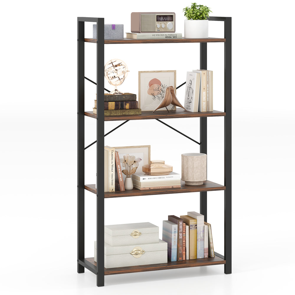 4-tier industrial bookshelf in rustic brown with a heavy-duty metal frame, ideal for displaying books and decor.
