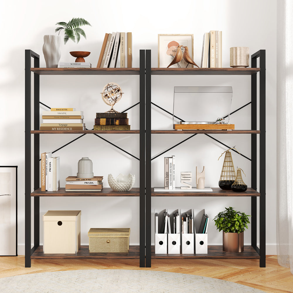 4-tier industrial bookshelf in rustic brown with heavy-duty metal frame, perfect for displaying books and decor.