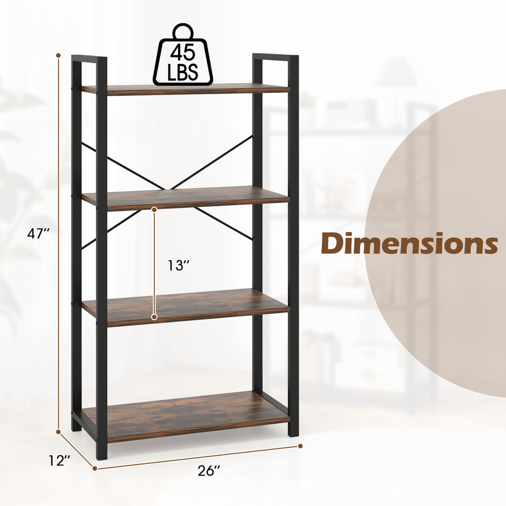 4-tier industrial bookshelf in rustic brown with heavy-duty metal frame, dimensions 47" x 26" x 12", ideal for storage.