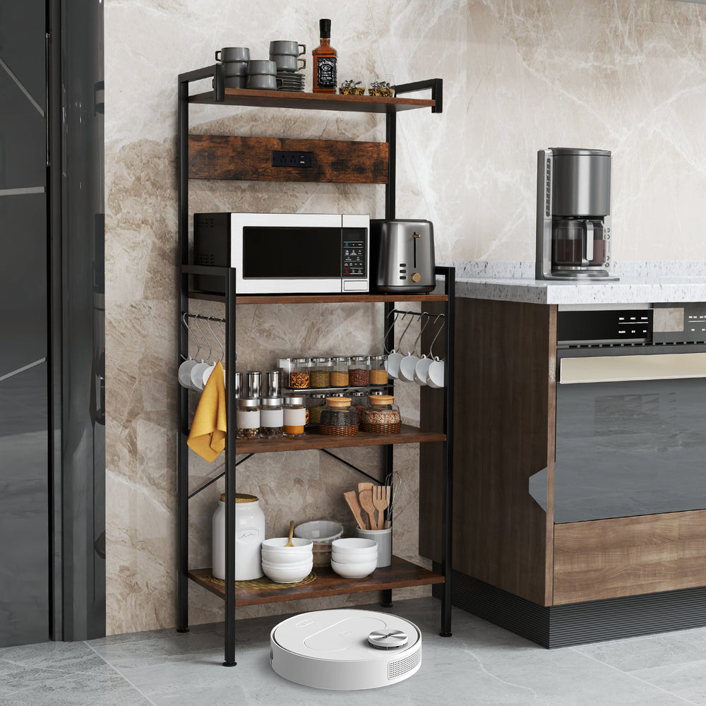 4-tier kitchen bakers rack in rustic brown with power outlets, 8 hooks, and sturdy metal frame for versatile storage.