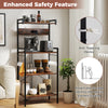 4-tier kitchen bakers rack in rustic brown with power outlet, 8 hooks, and anti-toppling device for secure storage.