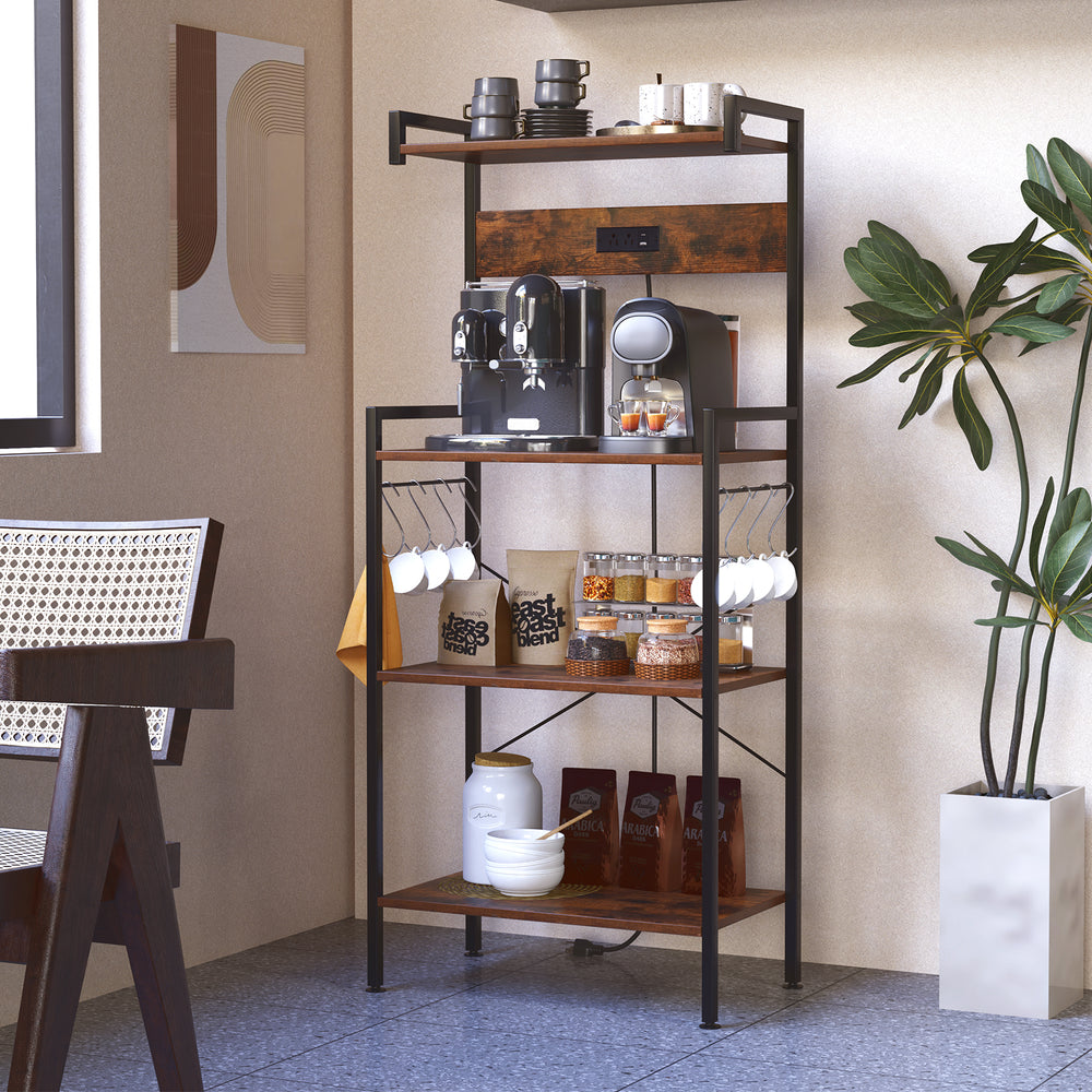 4-tier kitchen bakers rack in rustic brown featuring S-shaped hooks, power outlet, and sturdy metal frame for practical.