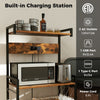 4-tier kitchen bakers rack in rustic brown with power outlet, shelves, and 8 hooks for convenient storage and charging.