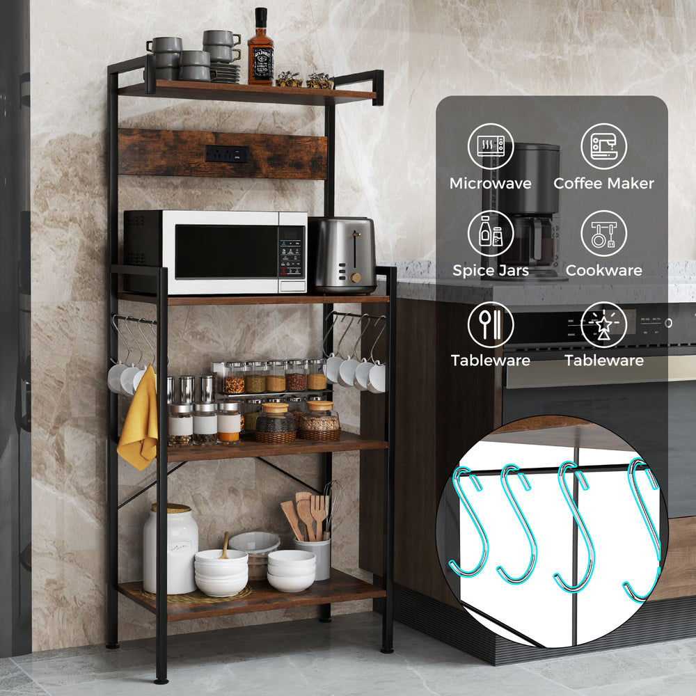4-tier kitchen bakers rack in rustic brown showcasing 4 shelves, 8 hooks, and a USB port for convenient kitchen.