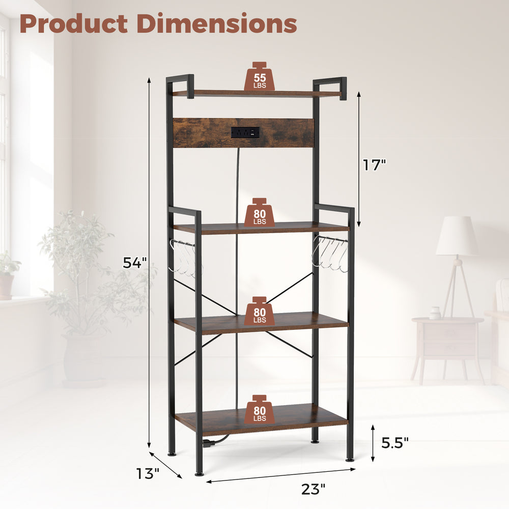 Dimensions of the 4-tier kitchen bakers rack in rustic brown, featuring shelves and hooks for functional storage.